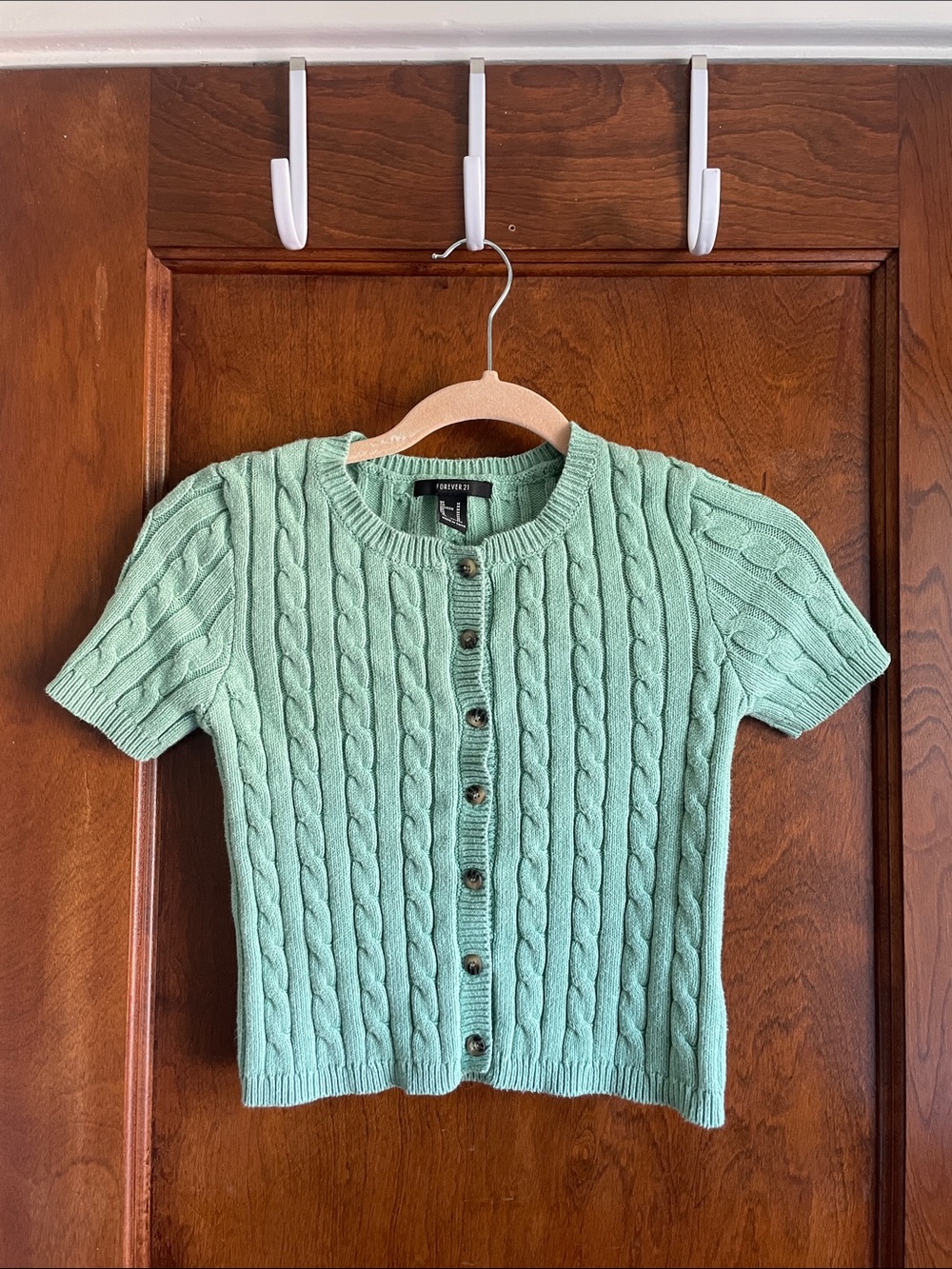 FOREVER21 Mint Fitted Cable-Knit Short Sleeve Cardigan